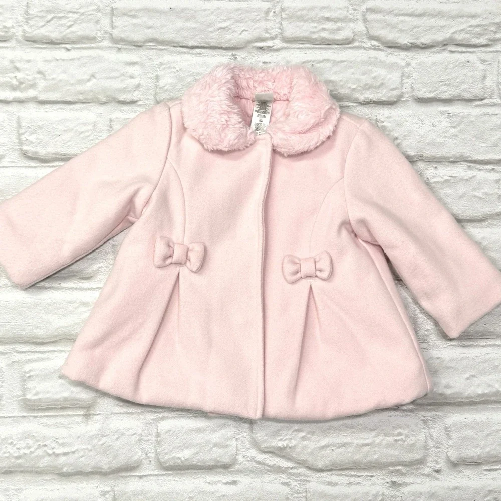 LITTLE ME Pink Felt Pea Coat 12M Bow Faux Fur Babydoll Quilted Lining Warm Fuzzy